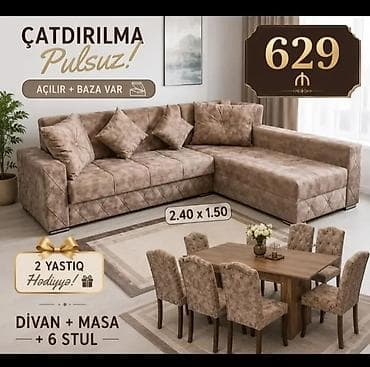 Dəst: Divan + Masa + 6 stul - Divan: L‑şəkilli, açılır mexanizmli və lalafo.az -da Dəst: Divan + Masa + 6 stul - Divan: L‑şəkilli, açılır mexanizmli və
