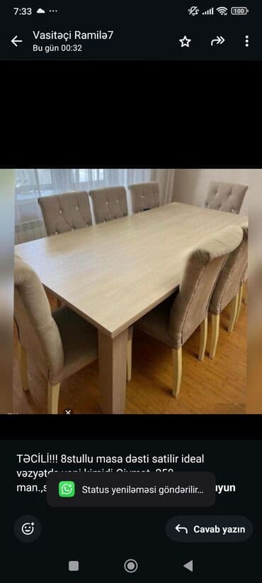TƏCİLİ!!! 8stullu masa dəsti satilir ideal vəzyətdə,yeni kimidi.Qiymət lalafo.az -da TƏCİLİ!!! 8stullu masa dəsti satilir ideal vəzyətdə,yeni kimidi.Qiymət
