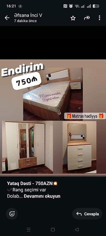 *Yataq Dəsti - 750AZN💥* ✔️Rəng seçimi var Dolab ölçüsü 200x160x47 lalafo.az -da *Yataq Dəsti - 750AZN💥* ✔️Rəng seçimi var Dolab ölçüsü 200x160x47