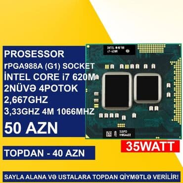prosessor: Prosessor Intel Core i7 Prosessor “LGA rPGA988A (Socket G1) İntel Core i7 620M”, 4 nüvə, İşlənmiş lalafo.az -da — 1 prosessor: Prosessor Intel Core i7 Prosessor “LGA rPGA988A (Socket G1) İntel Core i7 620M”, 4 nüvə, İşlənmiş — 1