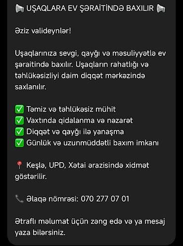 Öz evimdə uşağa baxıram aparb evə qoyub evdən götürmə razılaşma yolu lalafo.az -da Öz evimdə uşağa baxıram aparb evə qoyub evdən götürmə razılaşma yolu