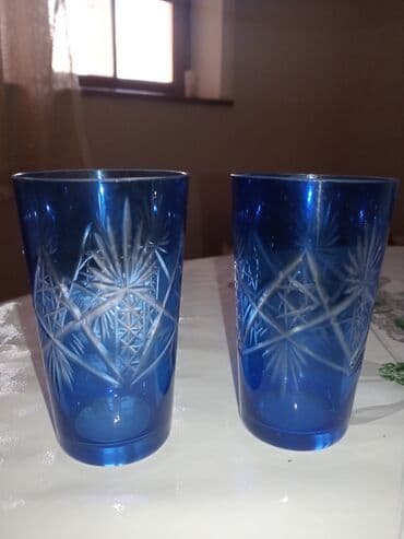 Şüşə qədəh və stəkan dəsti - 2 ədəd kobalt-mavi rəngli, üzəri oyma lalafo.az -da Şüşə qədəh və stəkan dəsti - 2 ədəd kobalt-mavi rəngli, üzəri oyma