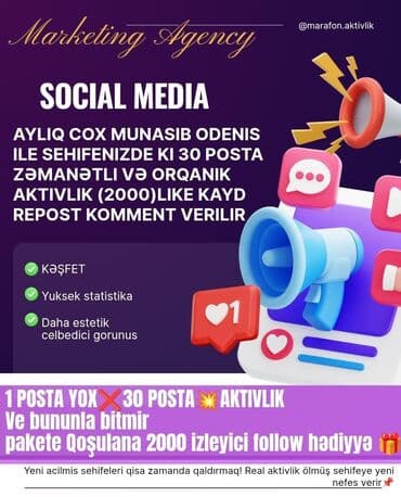 Sosial Media Aktivlik Xidməti – Marketing Agency - Aylıq münasib lalafo.az -da Sosial Media Aktivlik Xidməti – Marketing Agency - Aylıq münasib