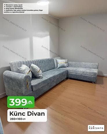 Künc divan – 260×160 sm - Mexanizm: açılan, bazalı (yataq funksiyalı lalafo.az -da Künc divan – 260×160 sm - Mexanizm: açılan, bazalı (yataq funksiyalı