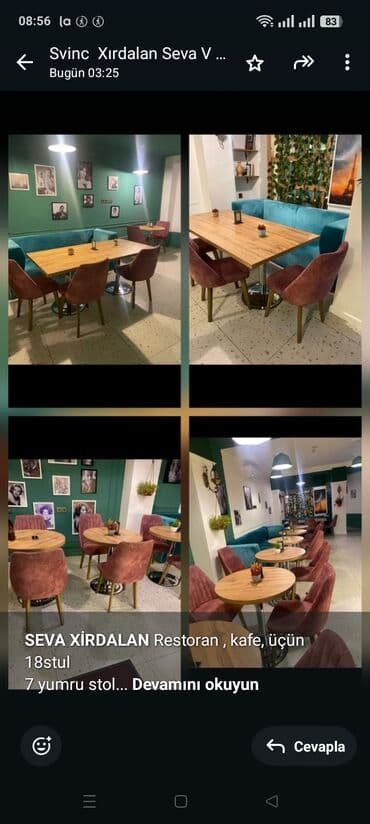 *SEVA XİRDALAN* Restoran kafe, üçün 18stul 7 yumru stol lalafo.az -da *SEVA XİRDALAN* Restoran kafe, üçün 18stul 7 yumru stol