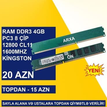 Operativ yaddaş (RAM) Kingston, 4 GB, 1600 Mhz, DDR3, PC üçün, Yeni lalafo.az -da — 1 Operativ yaddaş (RAM) Kingston, 4 GB, 1600 Mhz, DDR3, PC üçün, Yeni — 1