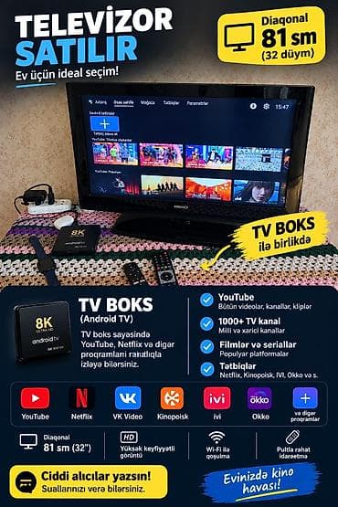 Televizor + TV boks (Android TV) paketi - Ekran diaqonalı: 81 sm (32 lalafo.az -da Televizor + TV boks (Android TV) paketi - Ekran diaqonalı: 81 sm (32