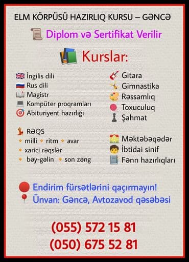 (055) 572 15 81. ELM KÖRPÜSÜ hazırlıq kursları Gəncə şəhərində at lalafo.az — 2 (055) 572 15 81. ELM KÖRPÜSÜ hazırlıq kursları Gəncə şəhərində — 2