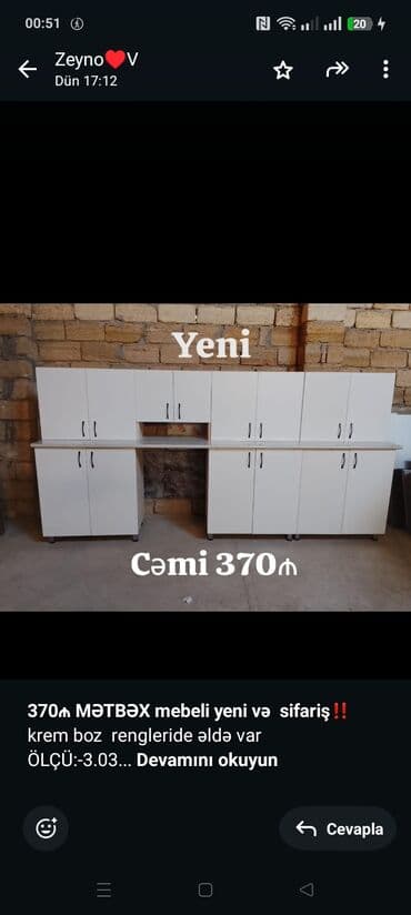 *370₼ MƏTBƏX mebeli yeni və sifariş*‼️ krem boz rengleride əldə var lalafo.az -da *370₼ MƏTBƏX mebeli yeni və sifariş*‼️ krem boz rengleride əldə var