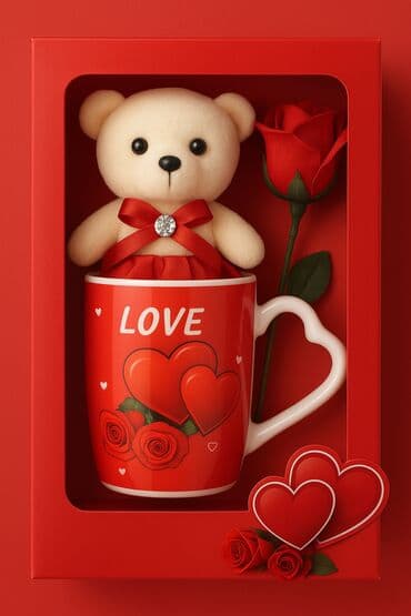 Hədiyyə dəsti – “Love” mövzulu fincan, yumşaq ayıciyik və dekorativ lalafo.az -da Hədiyyə dəsti – “Love” mövzulu fincan, yumşaq ayıciyik və dekorativ