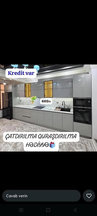 Müasir dizaynlı mətbəx mebeli dəsti - Parlaq boz rəngli fasadlar lalafo.az -da Müasir dizaynlı mətbəx mebeli dəsti - Parlaq boz rəngli fasadlar