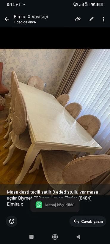 Masa desti tecili satlir 8 ədəd stullu var masa açılır Qiymet 580 lalafo.az -da Masa desti tecili satlir 8 ədəd stullu var masa açılır Qiymet 580