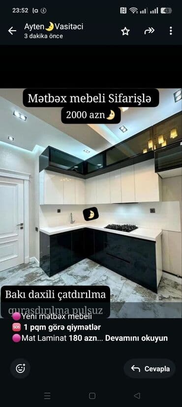 🟣Yeni mətbəx mebeli 🆘 *1 pqm görə qiymətlər* 🟣Mat Laminat *180 azn* lalafo.az -da 🟣Yeni mətbəx mebeli 🆘 *1 pqm görə qiymətlər* 🟣Mat Laminat *180 azn*
