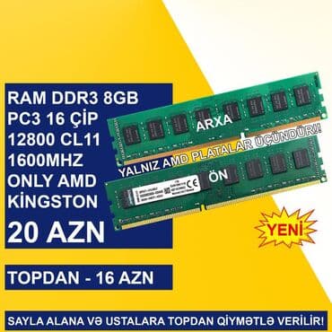 Operativ yaddaş (RAM) Kingston, 8 GB, 1600 Mhz, DDR3, PC üçün, Yeni lalafo.az -da Operativ yaddaş (RAM) Kingston, 8 GB, 1600 Mhz, DDR3, PC üçün, Yeni