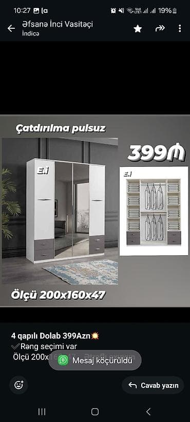 *4 qapılı Dolab 399Azn💥* ✔️Rəng seçimi var Ölçü 200x160x47 ✔️ lalafo.az -da *4 qapılı Dolab 399Azn💥* ✔️Rəng seçimi var Ölçü 200x160x47 ✔️