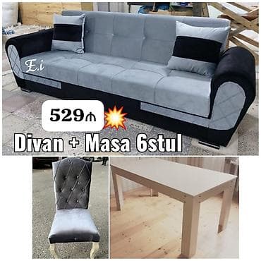 Divan + Masa + 6 stul dəsti Paket tərkibi: - 1 ədəd geniş divan: iki lalafo.az -da Divan + Masa + 6 stul dəsti Paket tərkibi: - 1 ədəd geniş divan: iki