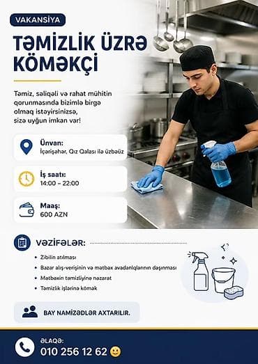 Təmizlik üzrə köməkçi vakansiyası Məkan: İçərişəhər, Qız Qalası ilə lalafo.az -da Təmizlik üzrə köməkçi vakansiyası Məkan: İçərişəhər, Qız Qalası ilə