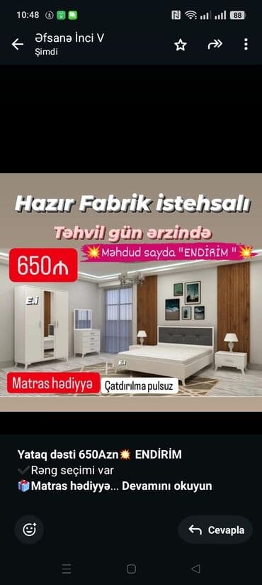 *Yataq dəsti 650Azn💥 ENDİRİM* ✔️Rəng seçimi var *🎁Matras hədiyyə* ✔️ lalafo.az -da *Yataq dəsti 650Azn💥 ENDİRİM* ✔️Rəng seçimi var *🎁Matras hədiyyə* ✔️