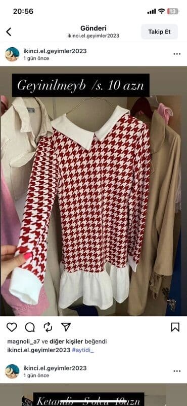 Ağ və qırmızı rənglərdə dama-dama naxışlı, ağ yaxalıq və manşetli don lalafo.az -da Ağ və qırmızı rənglərdə dama-dama naxışlı, ağ yaxalıq və manşetli don