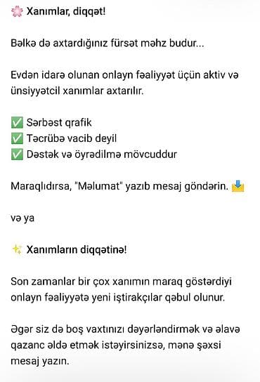 Evdən idarə olunan onlayn fəaliyyət üçün iştirakçı axtarışı lalafo.az -da Evdən idarə olunan onlayn fəaliyyət üçün iştirakçı axtarışı