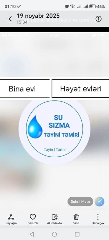 Xidmət: Su sızmasının təyini və təmiri Təsvir: - Mənzillər (bina evi) lalafo.az -da Xidmət: Su sızmasının təyini və təmiri Təsvir: - Mənzillər (bina evi)