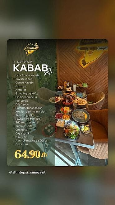 4 nəfərlik Kabab Seti – Altın Tepsi (Sumqayıt) Tərkib: - Urfa və lalafo.az -da 4 nəfərlik Kabab Seti – Altın Tepsi (Sumqayıt) Tərkib: - Urfa və