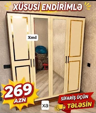 Dörd qapılı paltar şkafı - Rəng: krem tonlarda, qızılı haşiyələr və lalafo.az -da Dörd qapılı paltar şkafı - Rəng: krem tonlarda, qızılı haşiyələr və