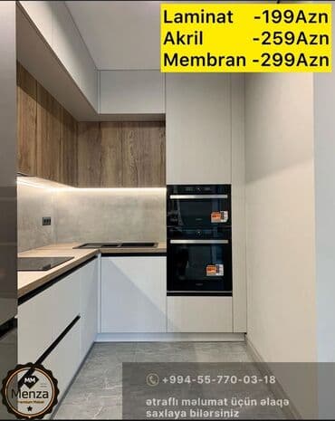 Müasir dizaynlı künc mətbəx mebeli – ağ mat fasadlar, taxta teksturalı lalafo.az -da Müasir dizaynlı künc mətbəx mebeli – ağ mat fasadlar, taxta teksturalı
