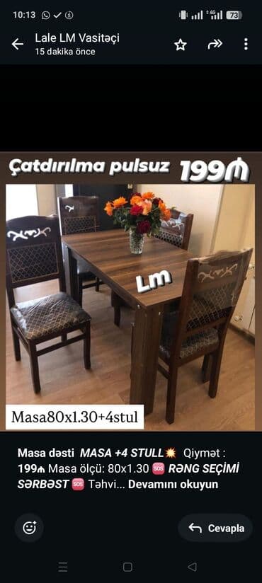 *Masa dəsti* _*MASA +4 STULL💥*_ Qiymət : *199₼* Masa ölçü: 80x1.30 🆘 lalafo.az -da *Masa dəsti* _*MASA +4 STULL💥*_ Qiymət : *199₼* Masa ölçü: 80x1.30 🆘