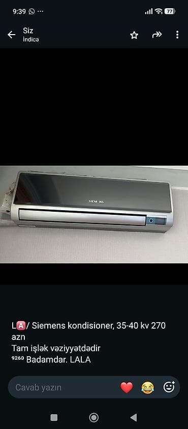 077 613 12 74 Siemens divar tipli kondisioner - Güc: 35–40 kVt - lalafo.az -da 077 613 12 74 Siemens divar tipli kondisioner - Güc: 35–40 kVt -