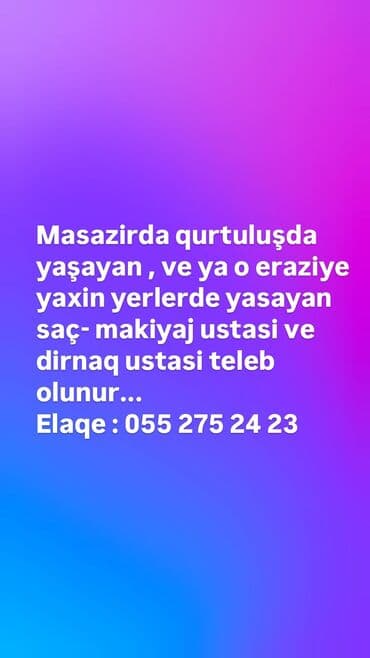 Dırnaq ustası tələb olunur, Fiks edilmiş ödəniş, 1-2 illik təcrübə lalafo.az -da Dırnaq ustası tələb olunur, Fiks edilmiş ödəniş, 1-2 illik təcrübə