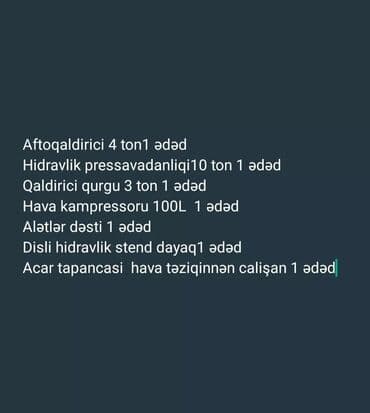 Avto-servis üçün peşəkar avadanlıq paketi Tərkib: - Aftoqaldırıcı – 4 lalafo.az -da Avto-servis üçün peşəkar avadanlıq paketi Tərkib: - Aftoqaldırıcı – 4