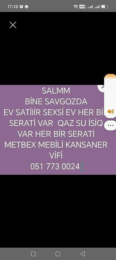 Binə, Savgozda tərəfdə yerləşən şəxsi ev satılır. Evin bütün şəraiti lalafo.az -da Binə, Savgozda tərəfdə yerləşən şəxsi ev satılır. Evin bütün şəraiti