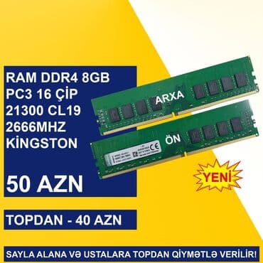 Operativ yaddaş (RAM) Kingston, 8 GB, 2666 Mhz, DDR4, PC üçün, Yeni lalafo.az -da Operativ yaddaş (RAM) Kingston, 8 GB, 2666 Mhz, DDR4, PC üçün, Yeni