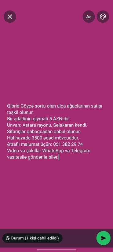 Qibrid Göyçə sortu olan alça ağaclarının satışı təşkil olunur. Bir lalafo.az -da Qibrid Göyçə sortu olan alça ağaclarının satışı təşkil olunur. Bir