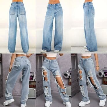 Açıq mavi rəngdə, yüksək belli, enli ayaqlı cins şalvar. Klassik lalafo.az -da Açıq mavi rəngdə, yüksək belli, enli ayaqlı cins şalvar. Klassik