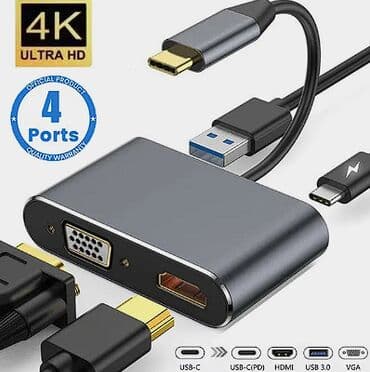 USB C Hub 4 in 1 Type C 3.0 Adapter to 4K HDMI HDTV VGA USB 3.0 PD lalafo.az -da USB C Hub 4 in 1 Type C 3.0 Adapter to 4K HDMI HDTV VGA USB 3.0 PD