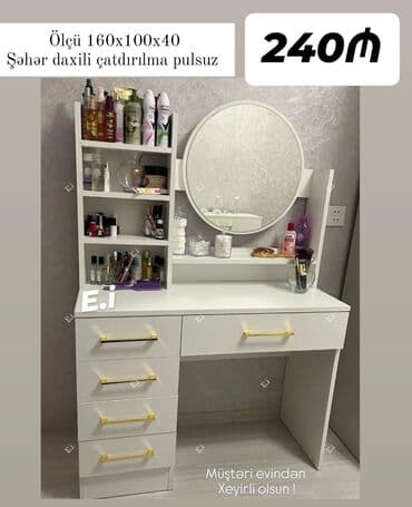Ağ rəngdə kosmetik masa və güzgü dəsti. - Ölçü: 160 x 100 x 40 sm - lalafo.az -da — 1 Ağ rəngdə kosmetik masa və güzgü dəsti. - Ölçü: 160 x 100 x 40 sm - — 1