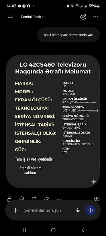Televizor işlək veziyyetdedir. Bu model, yəni LG CS460, 42 düymlükdür lalafo.az -da Televizor işlək veziyyetdedir. Bu model, yəni LG CS460, 42 düymlükdür