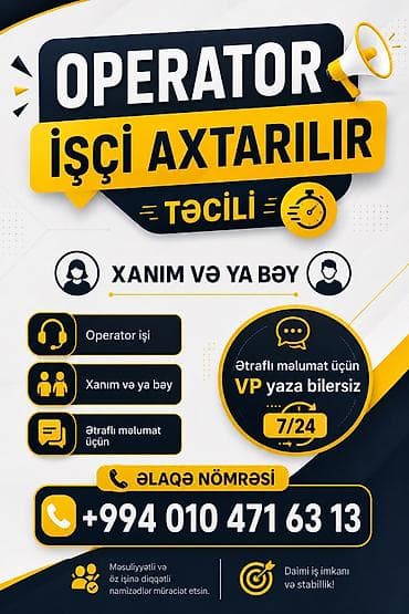 Hal hazırda bizə təcili operatır xanım və ya bəy lazımdı online evdən lalafo.az -da Hal hazırda bizə təcili operatır xanım və ya bəy lazımdı online evdən