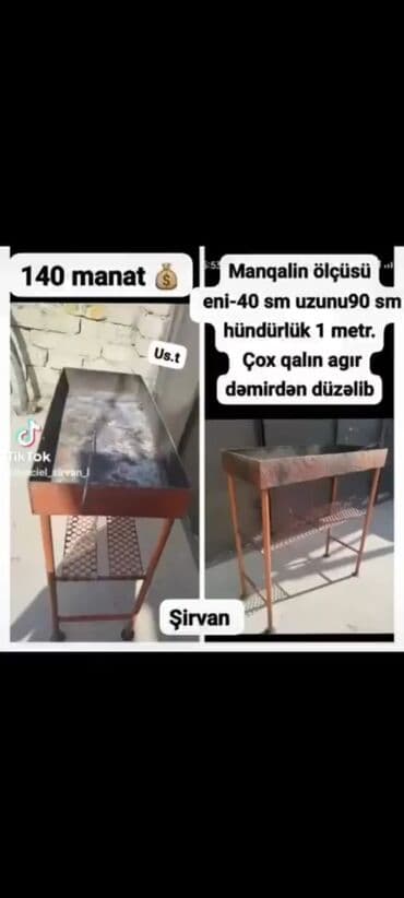 Material: Dəmir Növ: Manqal Ölçü: Böyük Eni: 40 sm Uzunluq: 90 sm lalafo.az -da Material: Dəmir Növ: Manqal Ölçü: Böyük Eni: 40 sm Uzunluq: 90 sm