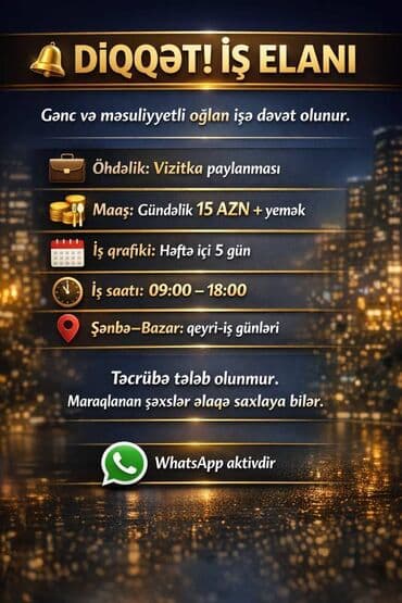 🔔 DİQQƏT! İŞ ELANI Gənc və məsuliyyətli oğlan işə dəvət olunur. 💼 lalafo.az -da 🔔 DİQQƏT! İŞ ELANI Gənc və məsuliyyətli oğlan işə dəvət olunur. 💼