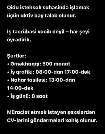 Vakansiya: Qida istehsalı sahəsində iş Təsvir: - Aktiv bəy tələb lalafo.az -da Vakansiya: Qida istehsalı sahəsində iş Təsvir: - Aktiv bəy tələb