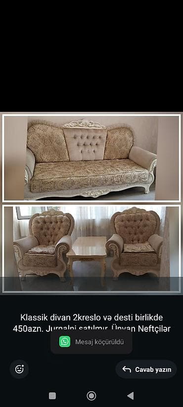 Klassik divan 2kreslo və desti birlikde 450azn. Jurnalni satılmır lalafo.az -da Klassik divan 2kreslo və desti birlikde 450azn. Jurnalni satılmır