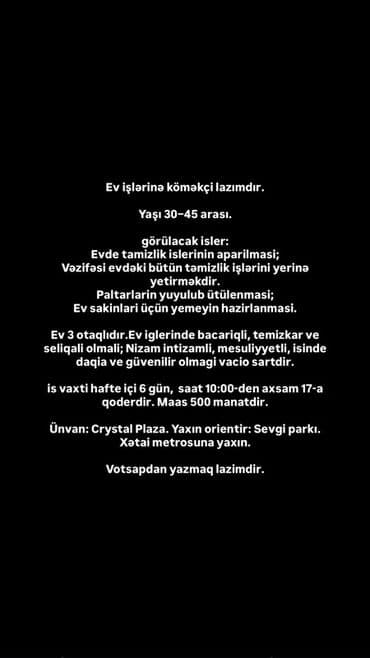 Ev köməkçisi tələb olunur, 6/1, Aylıq ödəniş lalafo.az -da Ev köməkçisi tələb olunur, 6/1, Aylıq ödəniş