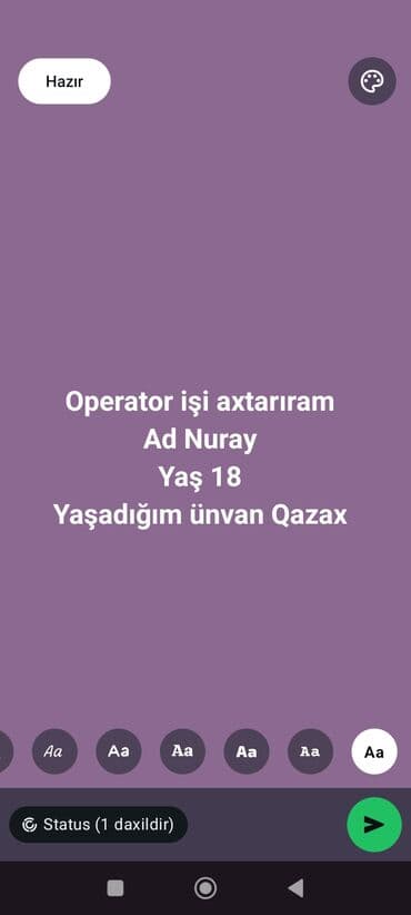Склад: Ad: Nuray
Yaş: 18
Yaşadığım ünvan: Qazax at lalafo.az — 1 Склад: Ad: Nuray
Yaş: 18
Yaşadığım ünvan: Qazax — 1