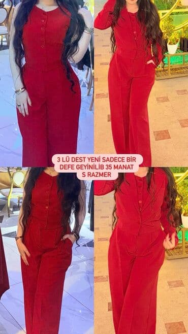 Qırmızı rəngdə 3-lü qadın dəsti: - Kofta (düyməli), jilet/blazer tipli lalafo.az -da Qırmızı rəngdə 3-lü qadın dəsti: - Kofta (düyməli), jilet/blazer tipli