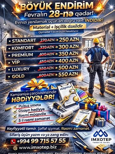 HƏR BÜDCƏYƏ UYĞUN TƏMİR PAKETLƏRİ "İmxotep" mmc təmir ve tikinti lalafo.az -da HƏR BÜDCƏYƏ UYĞUN TƏMİR PAKETLƏRİ "İmxotep" mmc təmir ve tikinti